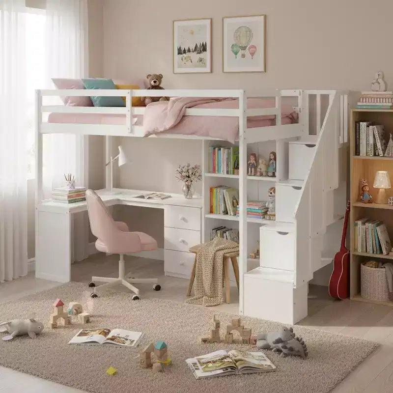 Letto a soppalco singolo con scrivania a L, 3 cassetti, armadio, contenitore per scale, struttura in pino massiccio/MDF