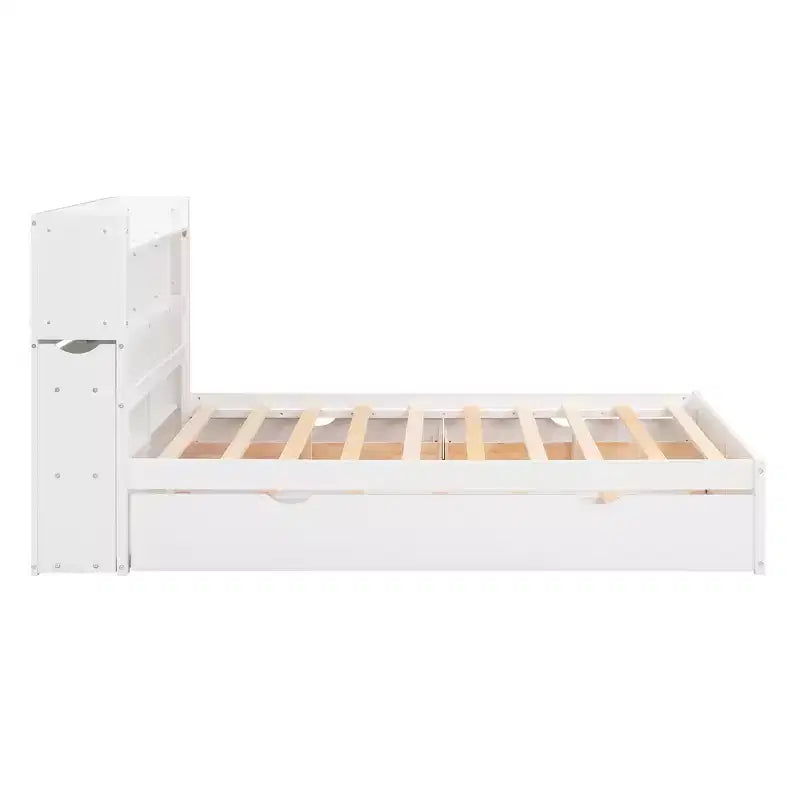 Letto matrimoniale con contenitore, rotelle estraibili, testiera libreria e stazione di ricarica, struttura letto in legno matrimoniale con mensole e cassetti