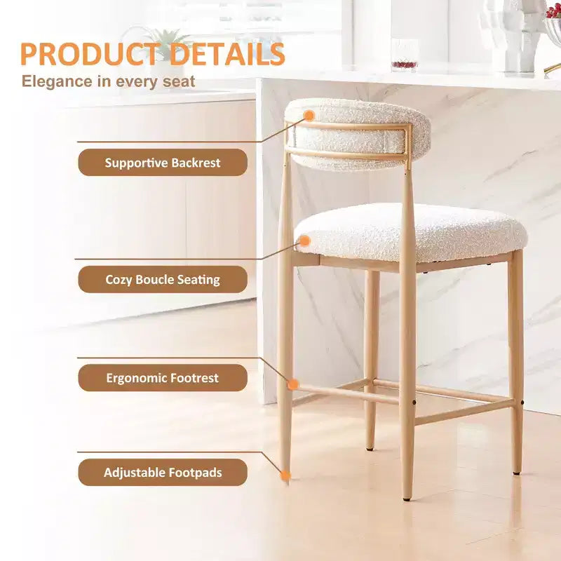 Sgabelli da Bar Senza Braccioli in Bouclé, Set da 4, con Gambe in Metallo Effetto Legno per Cucina, Soggiorno, Ristorante, Caffè - Morden Fort