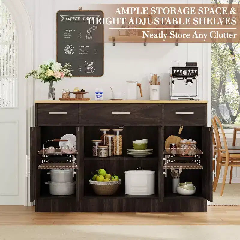Mobile Buffet Celebalcony con Contenitore, Grande Mobile Contenitore da Cucina da 53,4 pollici con 3 Cassetti e 4 Ante, Ripiano Regolabile per Cucina, Soggiorno