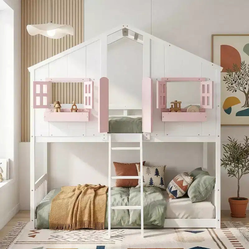 Letto a soppalco a forma di casetta con scaletta e spondine per bambini, in legno, misura singola