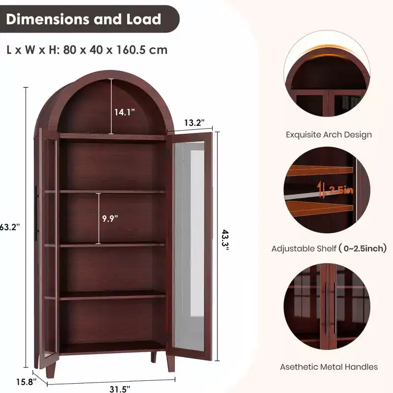 Mobile Contenitore Alto Ad Arco con Ante in Vetro, Libreria Espositiva a 5 Ripiani con Mensole Regolabili per Cucina o Soggiorno