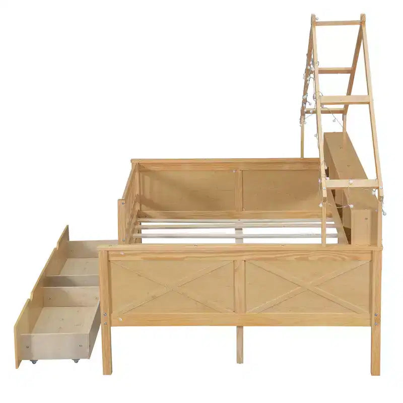 Struttura letto a casetta a grandezza naturale con cassetti, letto a piattaforma a casetta con luci LED, mensole e cassetti portaoggetti, divano letto in legno con tetto e sponda