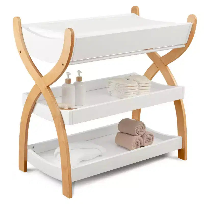 Table à langer Comfy Cubs - Construction robuste en bois, design intemporel avec deux étagères ouvertes pour les indispensables de bébé