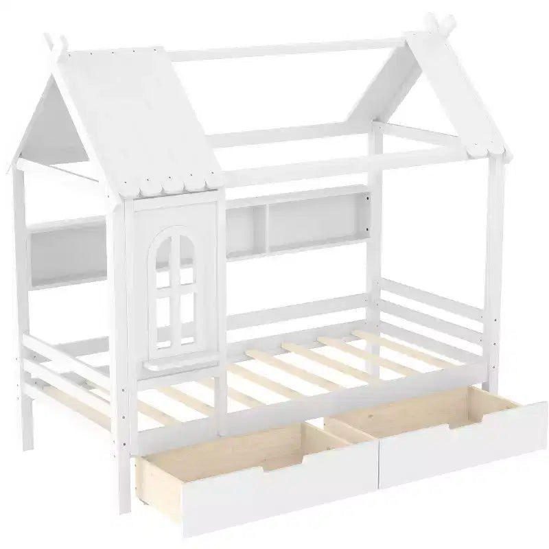 Letto a piattaforma a forma di casa con cassetti contenitori e finestra, struttura in legno massello con mensole, design giocoso per bambini, bianco chiaro