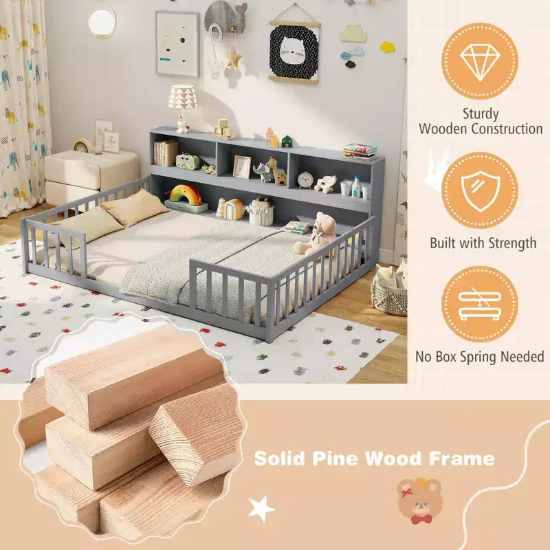 Letto a terra Montessori per materasso singolo/una piazza e mezza con libreria, ripiani e sponde di sicurezza bianco/grigio