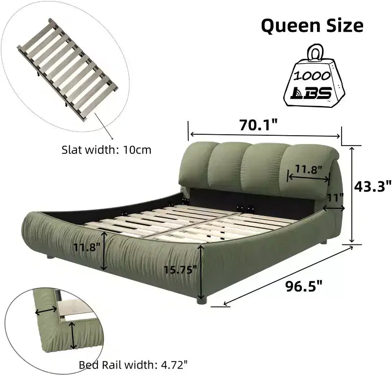 MAYEERTY Letto a Piattaforma Queen Size di Lusso Rivestito in Tessuto con Testiera Imbottita Oversize e Struttura in Legno Massello Verde