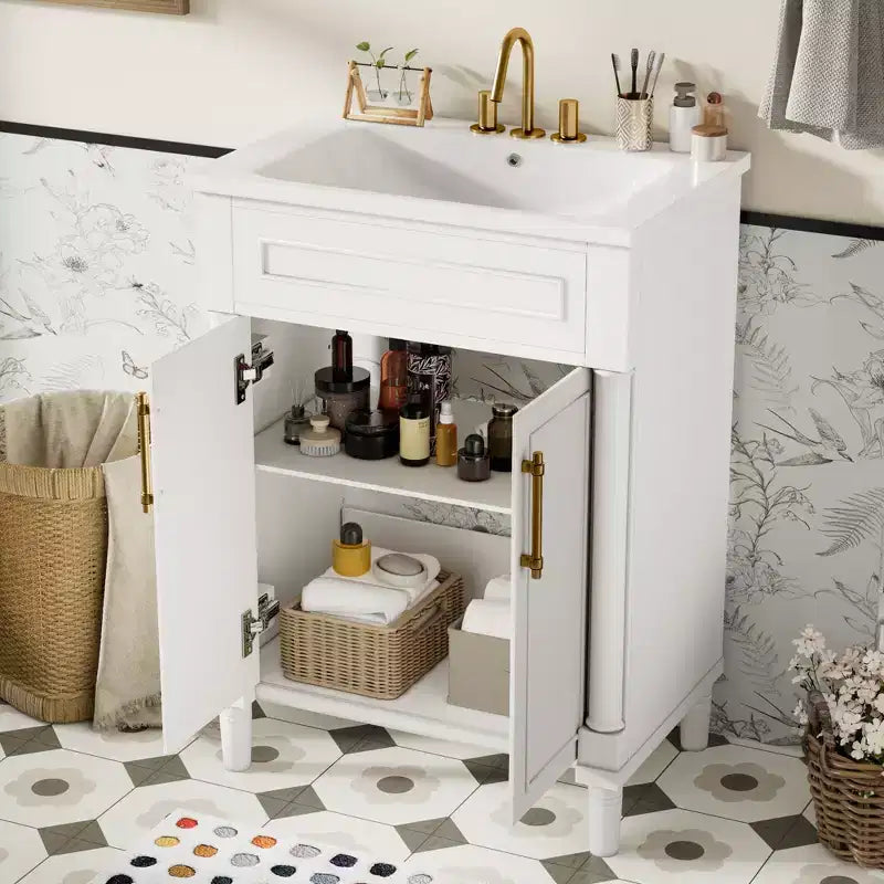 Mobiletto da bagno 61 cm con lavabo in ceramica, mobile stile shaker, 2 ante con chiusura ammortizzata, struttura in legno massello per bagno piccolo o bagno di servizio