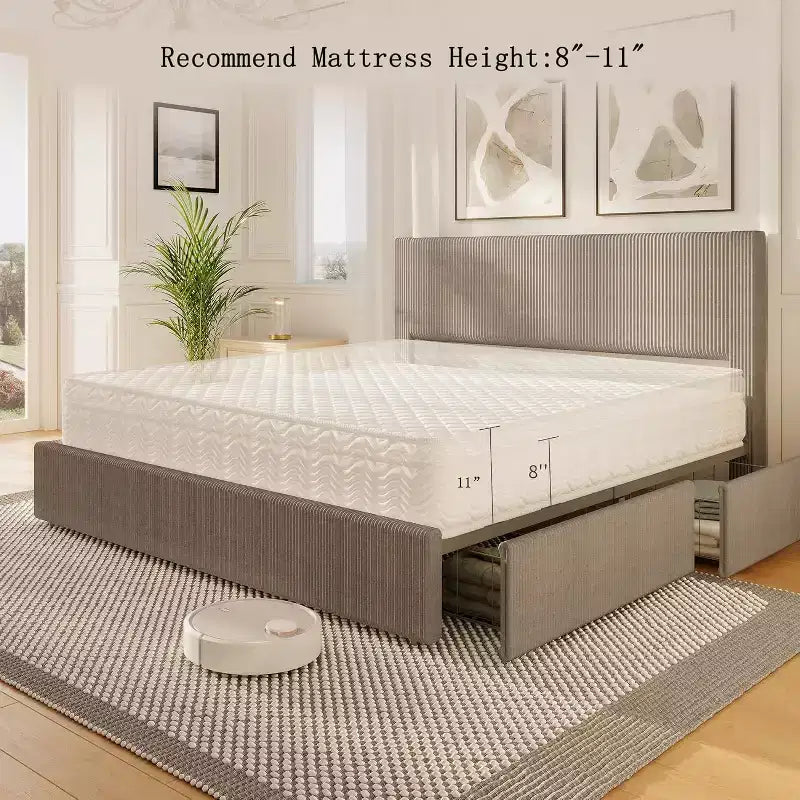 CuisinSmart - Struttura letto in velluto a coste con testiera, struttura letto imbottita con piattaforma con 4 cassetti portaoggetti e supporto a doghe in legno