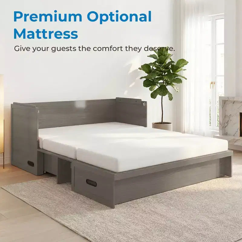 Mjkone Letto a Scomparsa Convertibile Matrimoniale Queen Size con Ricarica USB, Cassetti Contenitori, Materasso Escluso