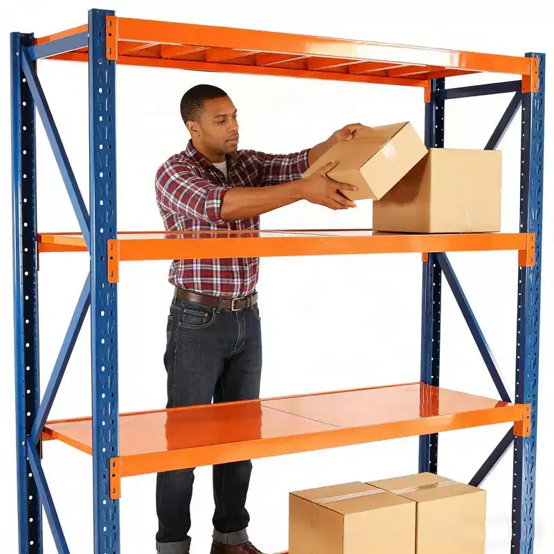 Scaffali per garage VIYET per impieghi gravosi, scaffalature in metallo regolabili a 4 ripiani con capacità di 2000 kg, stoccaggio industriale blu e arancione per negozio commerciale/attrezzi/palestra