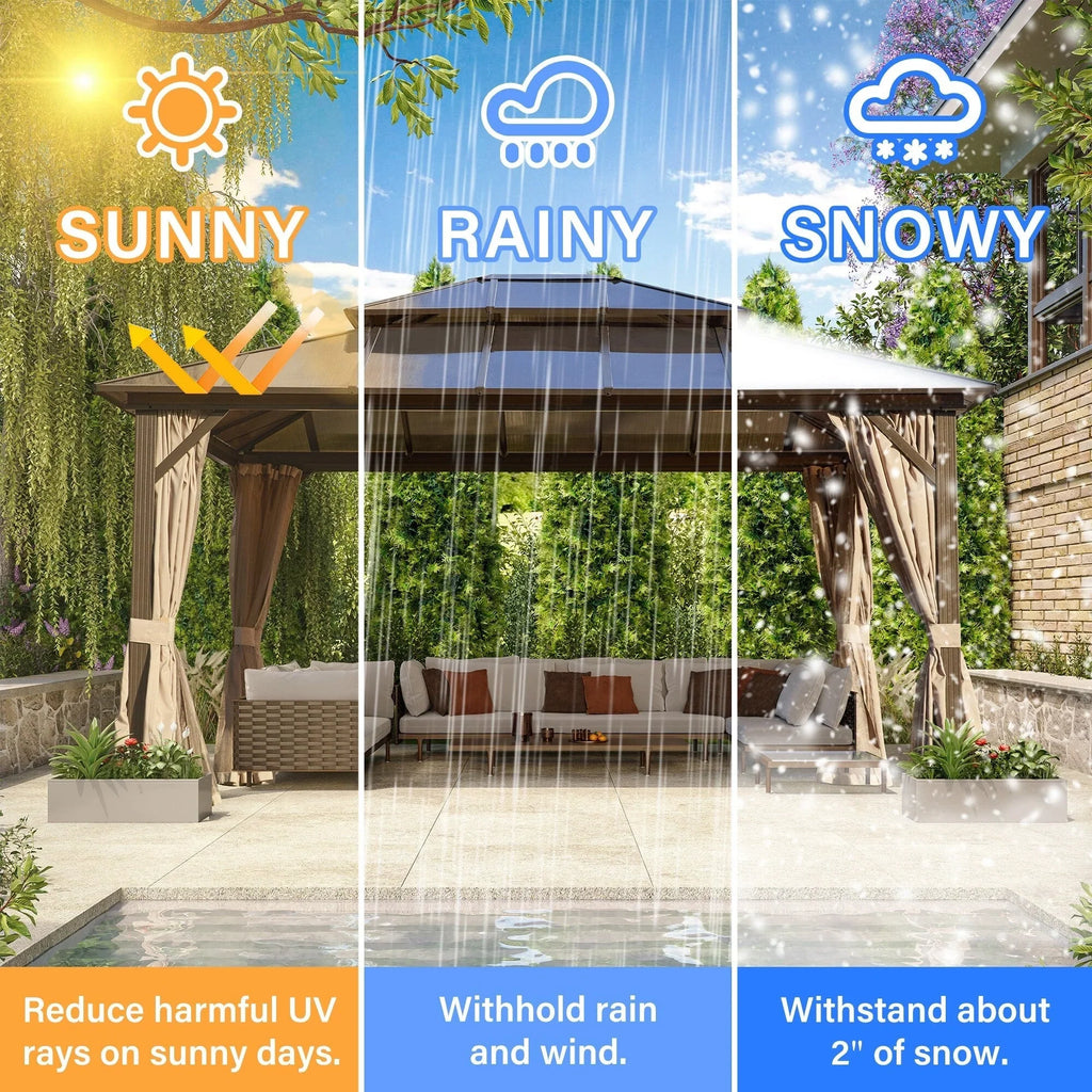 EROMMY Gazebo a tetto rigido, Pergola da esterno con doppio tetto, zanzariere e tende, Tenda da sole resistente per patio, cortile, feste in piscina