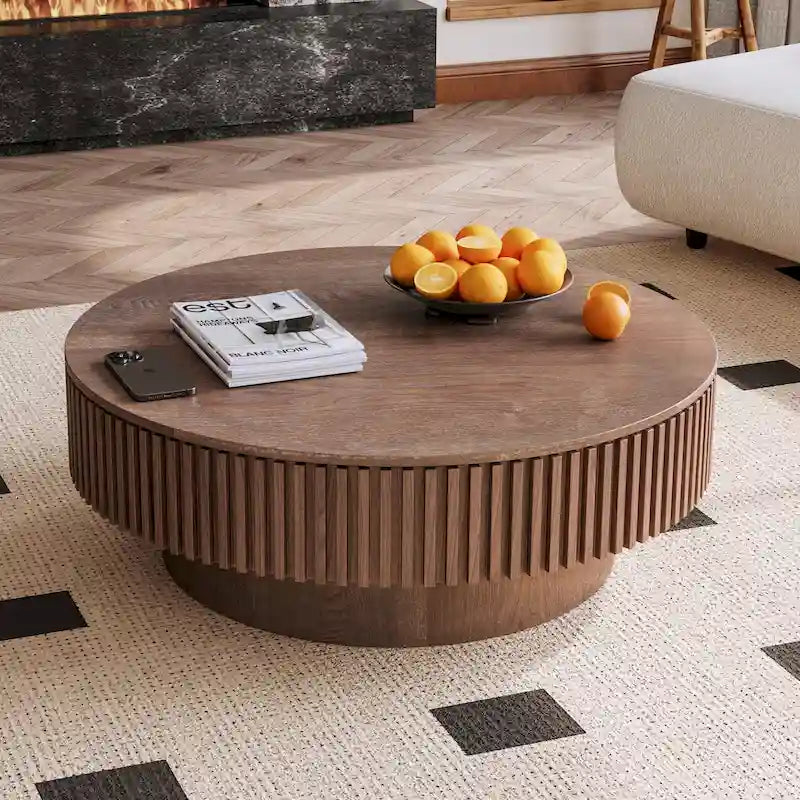 Tavolino rotondo moderno in legno massello impiallacciato con contenitore