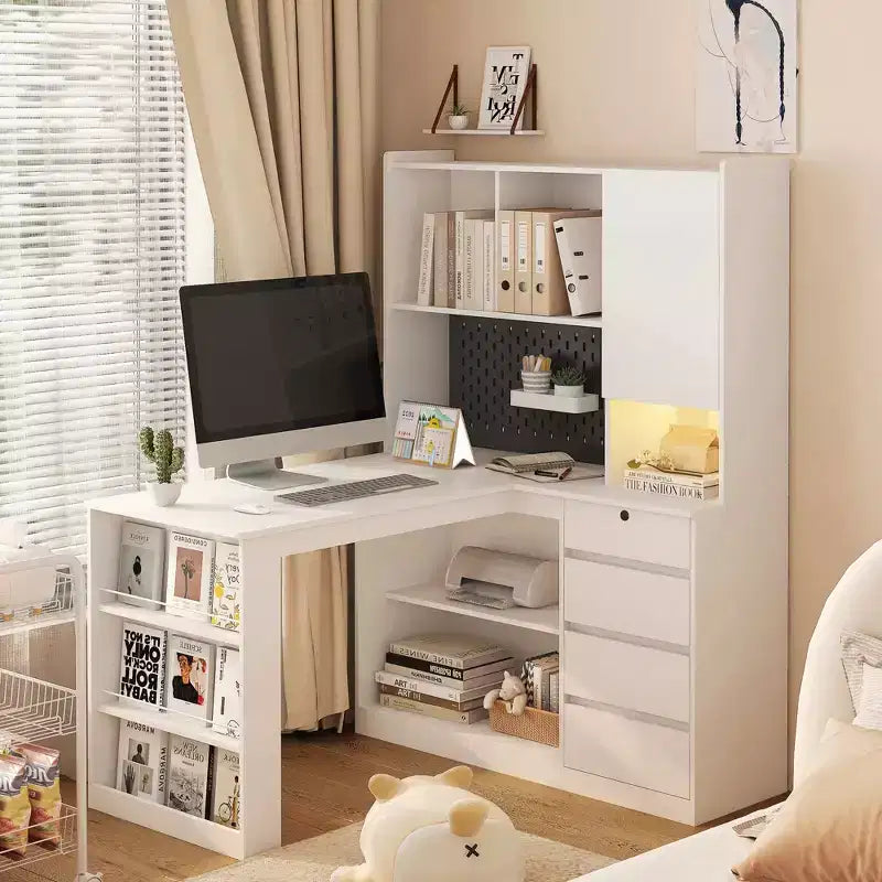Bureau d'angle en L de 46 pouces avec bibliothèque et tiroirs