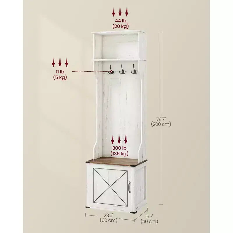 Albero da ingresso con panca e scarpiera, appendiabiti con panca per scarpe, mobili per ingresso, 3 ganci tripli, anta con maniglia, bianco rustico