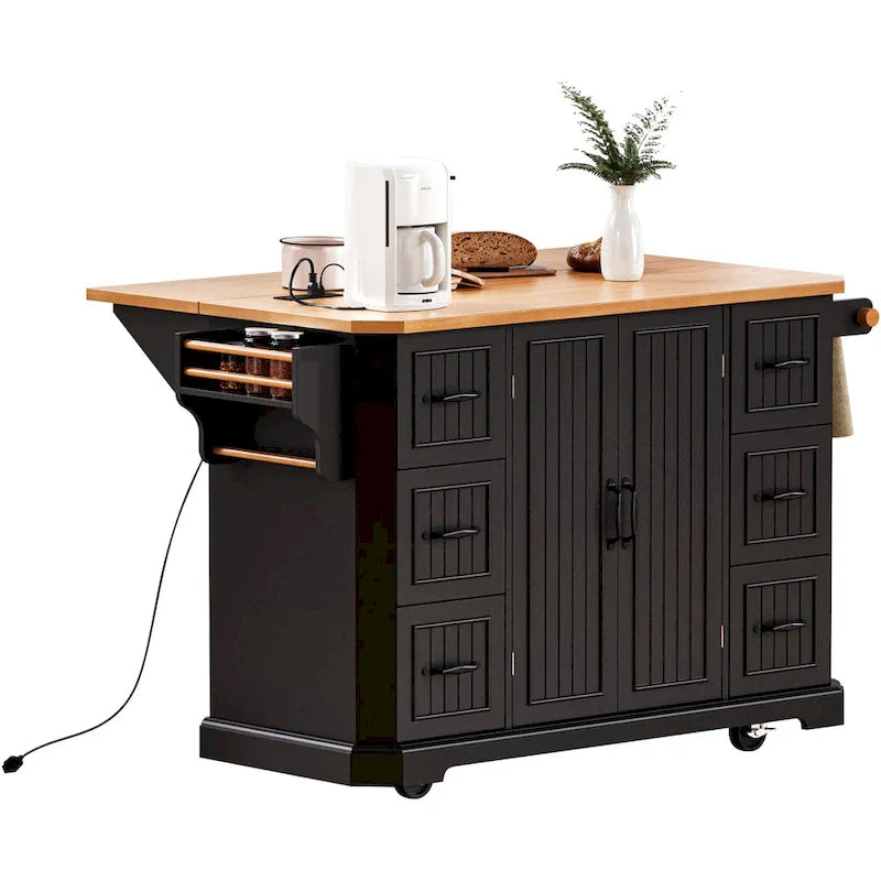 Isola Cucina Espandibile con Ante a Scomparsa, Carrello Cucina su 4 Ruote con Presa Elettrica, Tavolo Isola Mobile con 2 Ante e 6 Cassetti