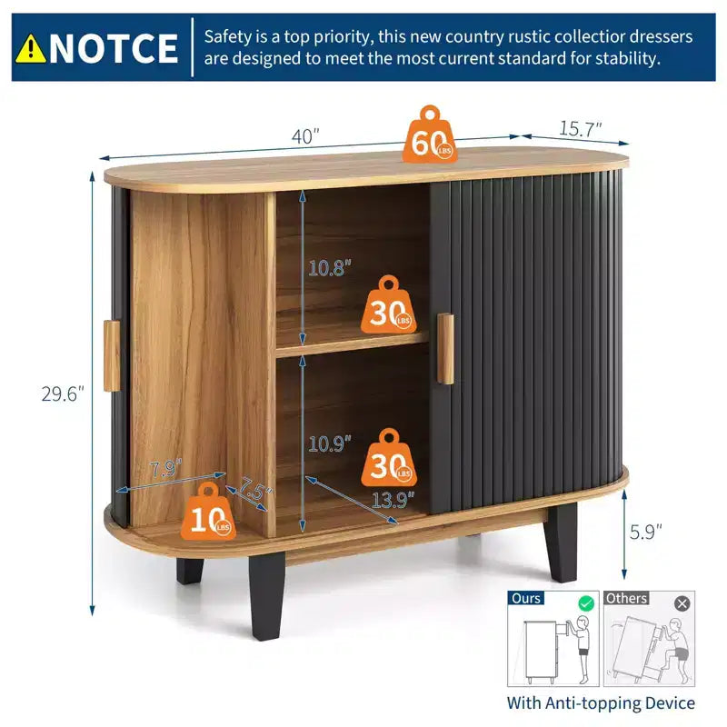 Mobile credenza a coste da 40'', armadio contenitore con anta scorrevole e ripiano regolabile, credenze moderne, mobile bar a serrandina