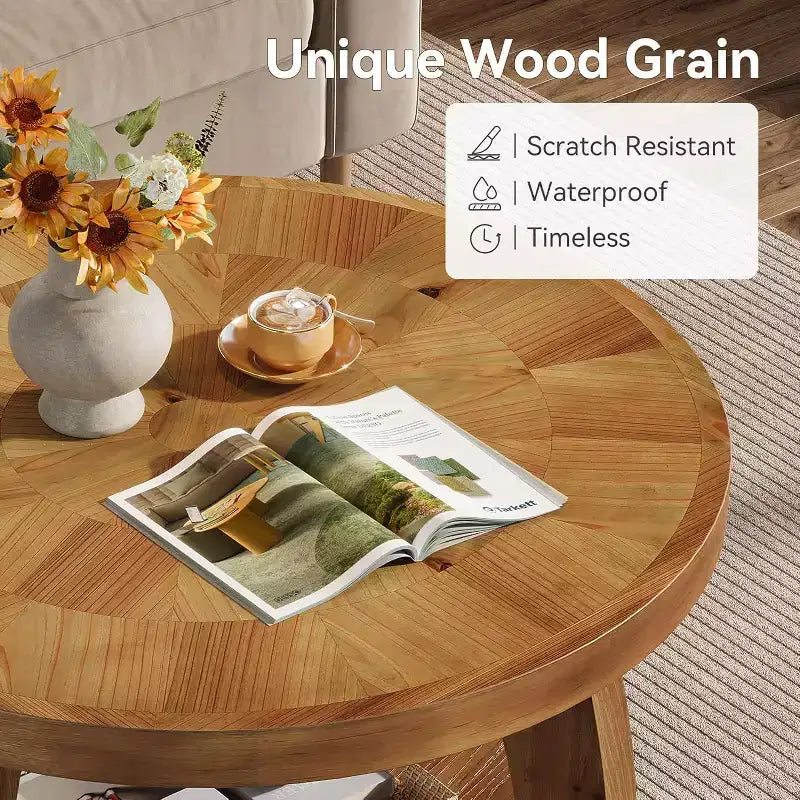 Lantine Tavolino rotondo in legno massello, tavolino a 2 ripiani con portaoggetti, piano da 80 cm con motivo a mosaico, facile da montare, per soggiorno, marrone