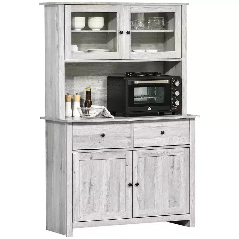 HOMCOM Credenza da Cucina 63,5 cm con Vetrina Superiore, Armadietto Dispensa con 4 Ripiani, Cassetti, Ante in Vetro, Ripiano Aperto per Microonde