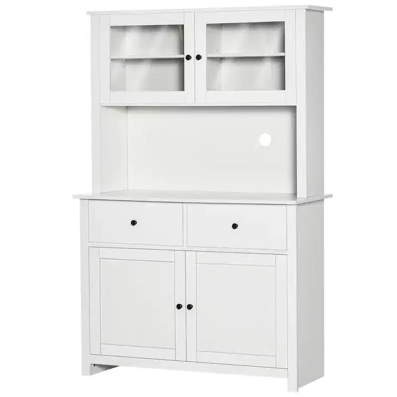 HOMCOM Credenza da Cucina 63,5 cm con Vetrina Superiore, Armadietto Dispensa con 4 Ripiani, Cassetti, Ante in Vetro, Ripiano Aperto per Microonde