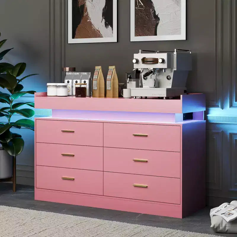 Mobile TV moderno con 6 cassetti e luci LED, bancone galleggiante per caffè/bar, per soggiorno, centro di intrattenimento