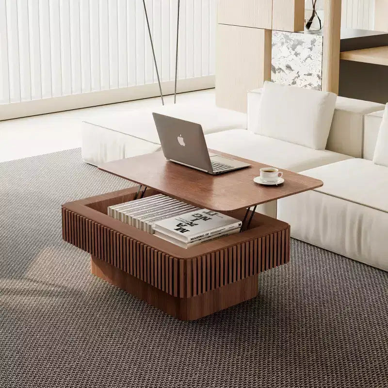 JVNOXK 38.6'' Tavolino da caffè con piano sollevabile e scanalature, con spazio contenitivo, impiallacciatura in legno massello, altezza regolabile, tavolino moderno per soggiorno, camera da letto, noce