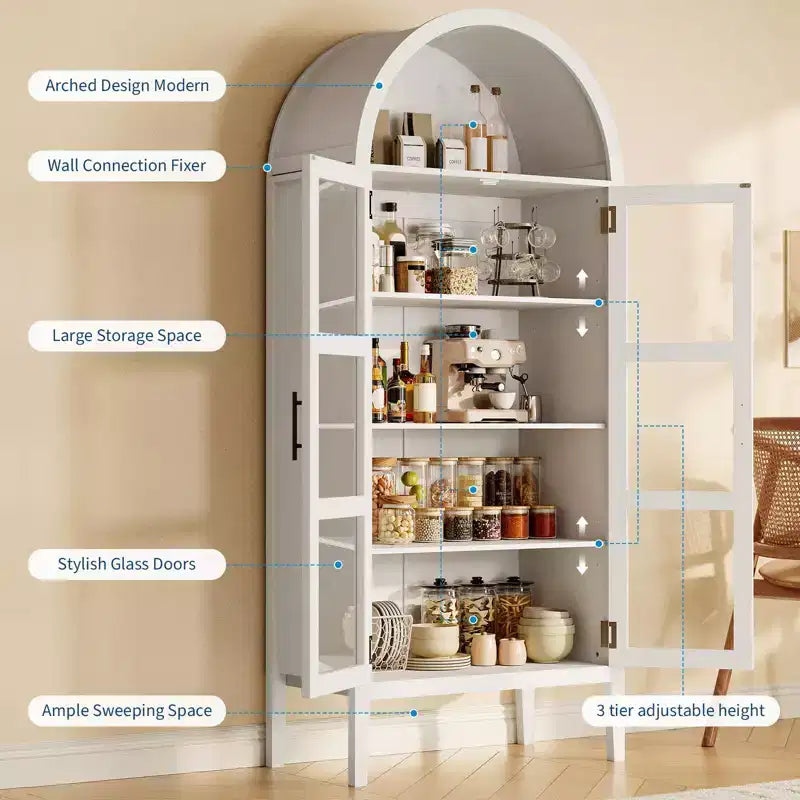Mobile Contenitore, Nero/Bianco, Stile Arco, Singolo, Alto 71 con Luci a LED e Ante in Vetro