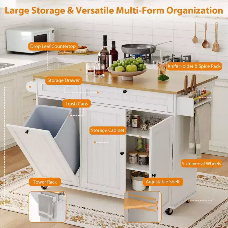 Tavolo da cucina mobile con isola da 55" con presa di corrente e anta a ribalta, carrello da cucina con isola su ruote e armadietto per pattumiera per la cucina