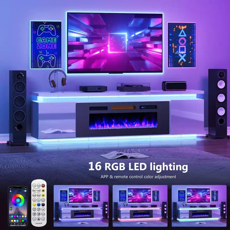 Mobile TV Skyzoo con camino elettrico per TV fino a 80" con luci a LED e 4 prese CA, console TV per soggiorno