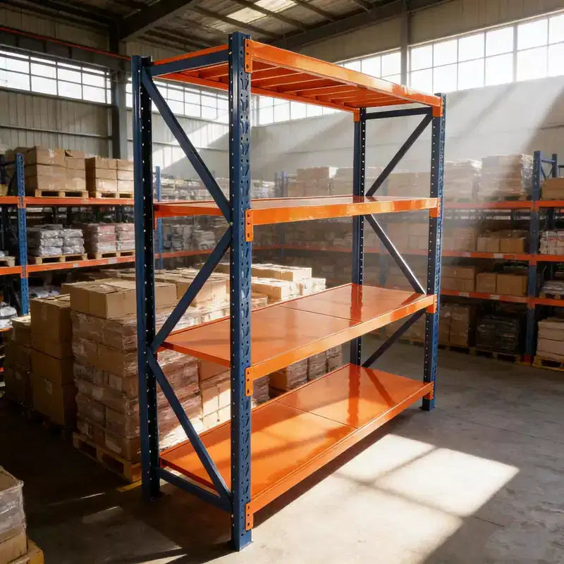 Scaffali per garage VIYET per impieghi gravosi, scaffalature in metallo regolabili a 4 ripiani con capacità di 2000 kg, stoccaggio industriale blu e arancione per negozio commerciale/attrezzi/palestra
