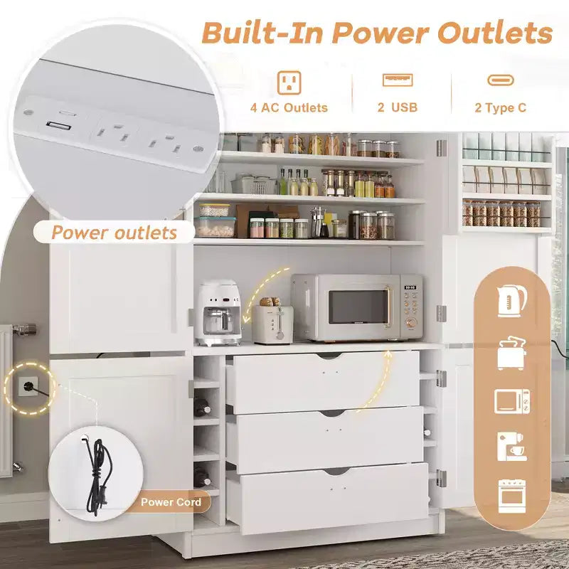 Dispensa Alta da Cucina con Prese di Corrente, Grande Credenza Autoportante con Supporto per Microonde, Cassetti, Scaffali, Portabottiglie e Ante con Ripiani