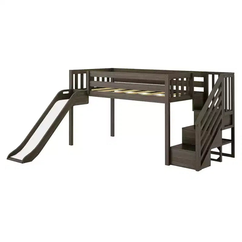 Letto a soppalco basso per bambini con scivolo e scale, in legno massiccio, 14 sponde protettive, capacità 180 kg