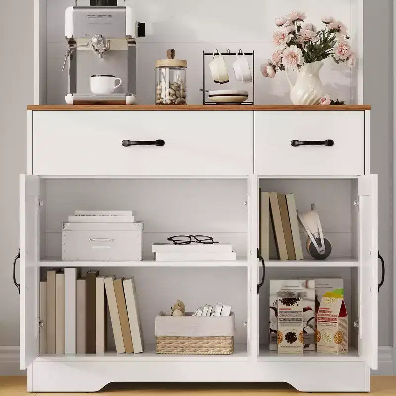 Mobile dispensa da cucina da 71" con stazione di ricarica, ampio piano di lavoro, supporto per microonde e 2 cassetti, mobile contenitore per sala da pranzo e soggiorno