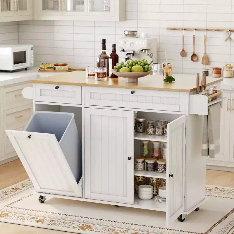 Tavolo da cucina mobile con isola da 55" con presa di corrente e anta a ribalta, carrello da cucina con isola su ruote e armadietto per pattumiera per la cucina