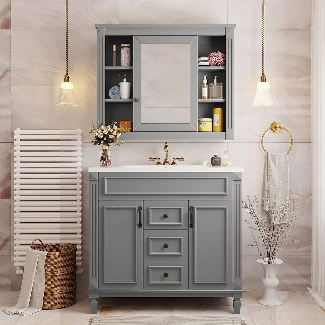 Meuble-lavabo de salle de bain moderne de 91 cm avec lavabo et armoire de toilette, 2 portes et 2 tiroirs