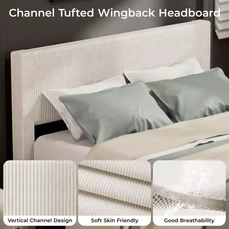 CuisinSmart - Struttura letto in velluto a coste con testiera, struttura letto imbottita con piattaforma con 4 cassetti portaoggetti e supporto a doghe in legno