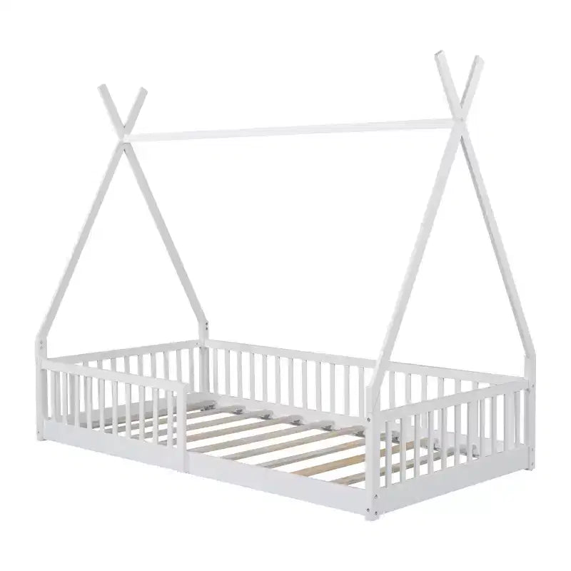 Letto a pavimento per bambini, letti a tenda a una piazza, letto a pavimento Montessori con doghe e sponde di protezione, struttura letto a casetta in legno per ragazzi e ragazze