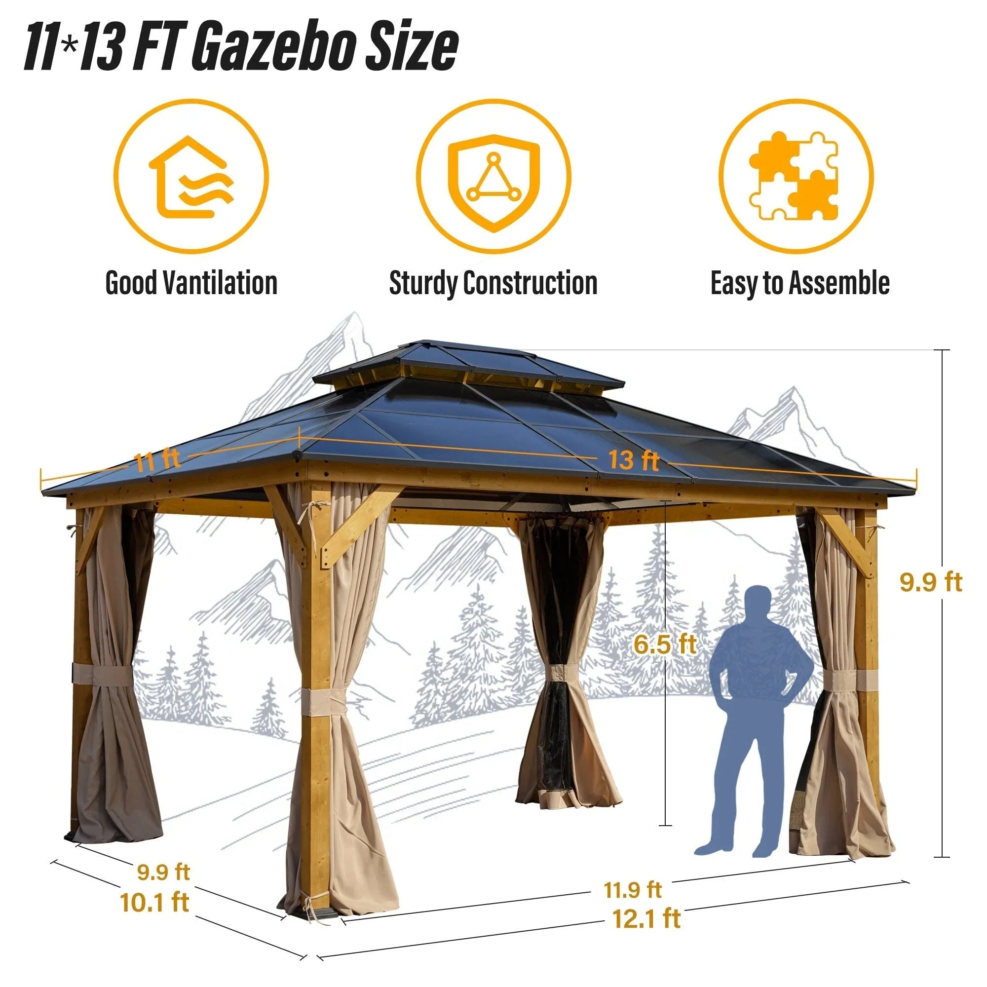 EROMMY Gazebo a tetto rigido, Pergola da esterno con doppio tetto, zanzariere e tende, Tenda da sole resistente per patio, cortile, feste in piscina