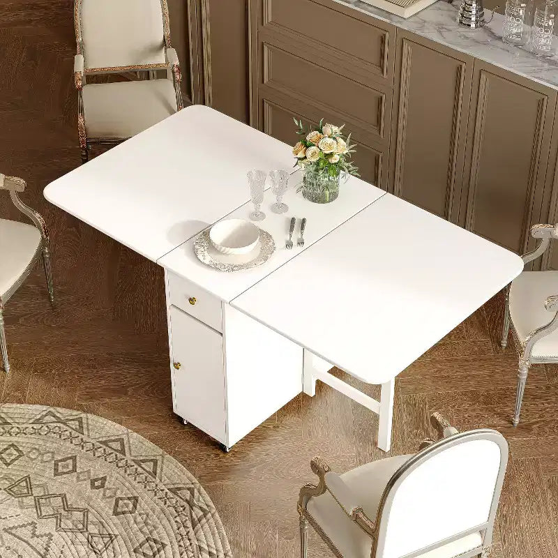 ATJafurn Tavolo da Pranzo Pieghevole da 150 cm con Ante a Scomparsa Salvaspazio, Tavolo da Cucina Rettangolare Allungabile in Legno con Ruote e Contenitore