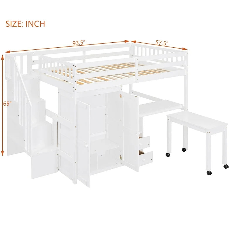 Letto a soppalco full-size con scala, libreria, scrivania e armadio - Mobili multifunzionali salvaspazio per bambini e ragazzi - Bianco