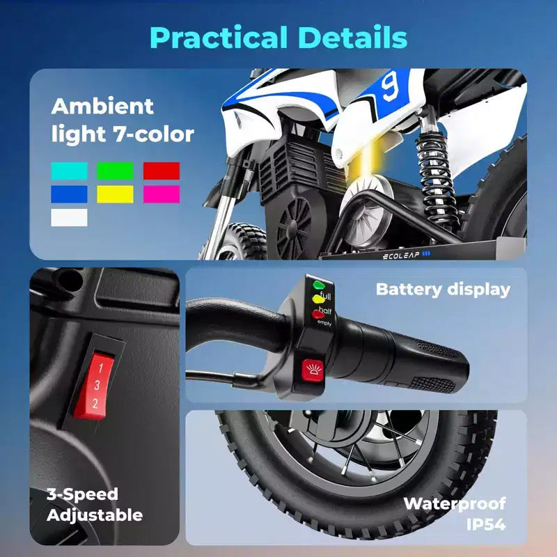 ECOLEAP K1 Moto da cross elettrica per bambini 36V 25 km/h veloce, autonomia 22 km, motore di picco 700W, 3 modalità di velocità, pneumatici fuoristrada da 12 pollici, certificazione UL, età 3-10 anni