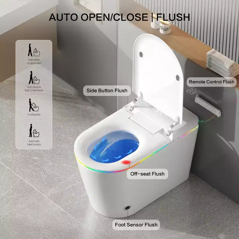 Dyonery Smart Toilet, Monobloc senza serbatoio con barriera in schiuma, Coperchio con apertura/chiusura automatica, Bidet riscaldato e asciugatore, Luce notturna a LED, Sciacquo automatico