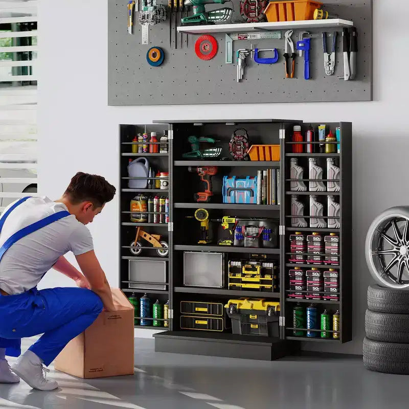 HOMCOM Dispensa da Cucina 41, Mobile Credenza da Cucina a 2 Ante con 5 Ripiani, 12 Portaspezie e Mensole Regolabili per Sala da Pranzo