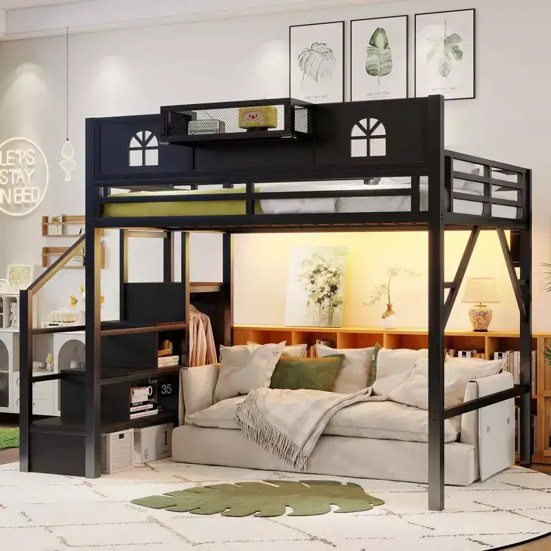Letto a soppalco ModernLuxe matrimoniale/queen size con scale e armadio integrato, struttura letto in metallo con luci a LED, stazione di ricarica USB e ripiani portaoggetti