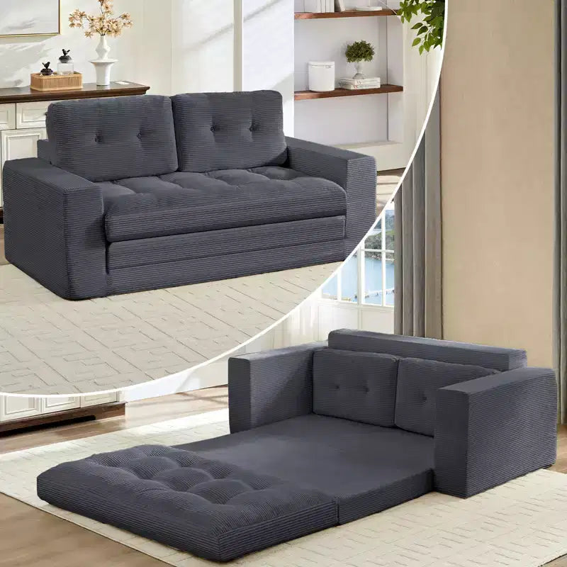 Mjkone Canapé-Lit Futon Convertible 2-en-1 180 cm, Canapé Deux Places Pliable en Tissu Côtelé avec Boutons Touffetés, Idéal pour Petits Espaces