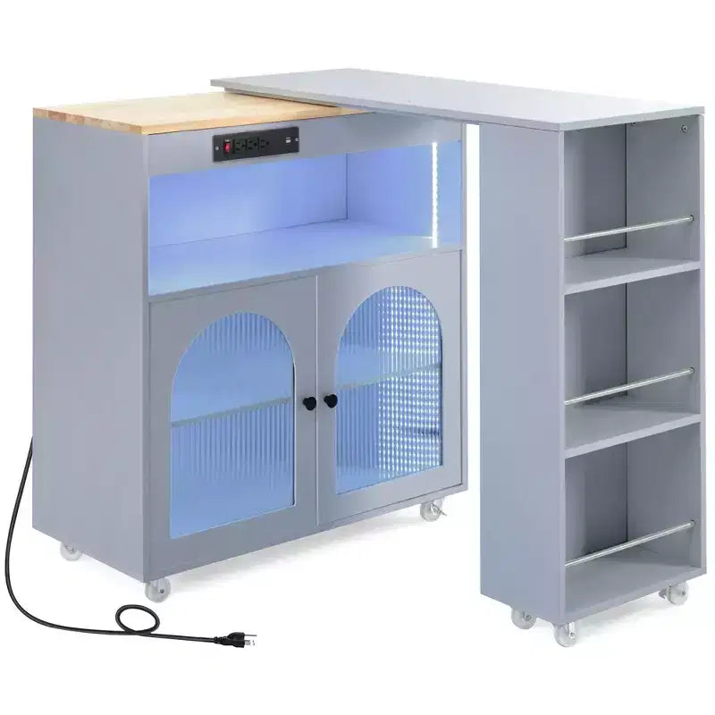 Isola da Cucina con Ruote e 2 Ante in Vetro, Carrello da Cucina con Tavolo Estensibile e Prese di Corrente, Isola da Cucina con Ripiani Laterali Aperti
