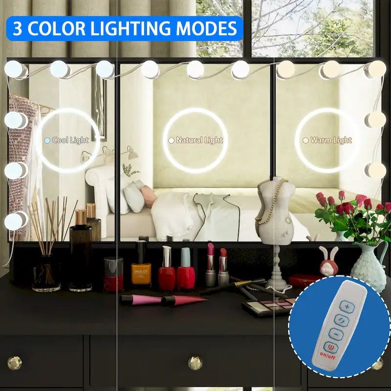 Lussuosa Toeletta da Trucco a LED con 9 Cassetti Elegante Postazione Trucco
