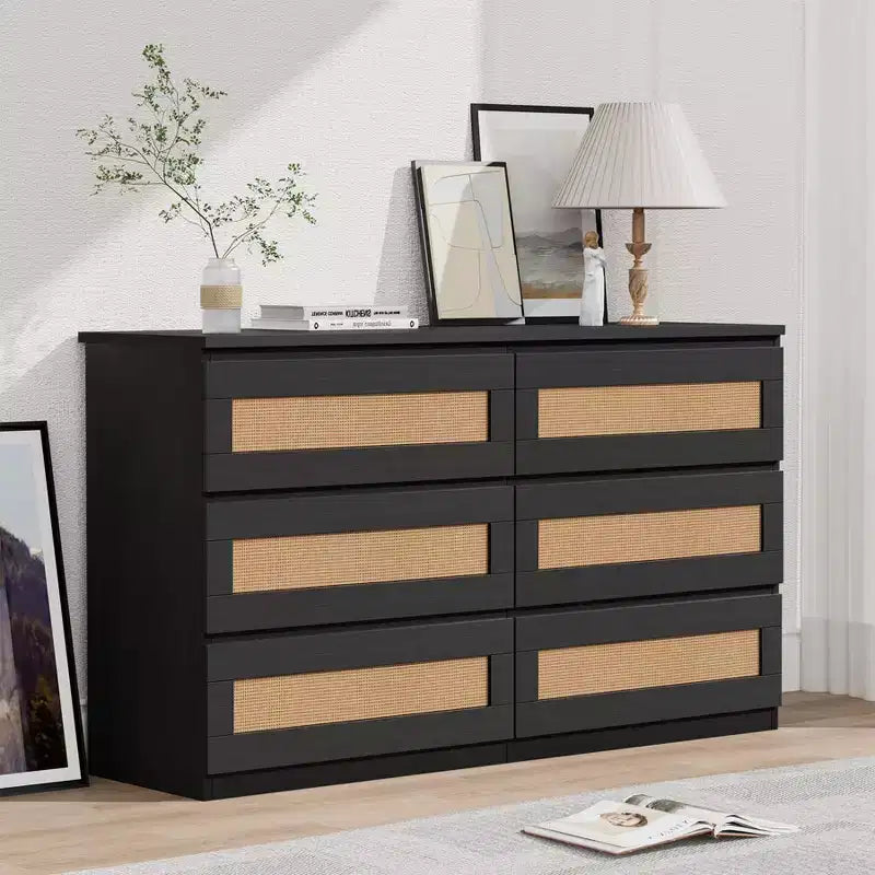 Commode en rotin pour chambre à coucher avec 6 tiroirs, 47 commode large moderne de style ferme, armoire de rangement en bois pour placard, salon, couloir