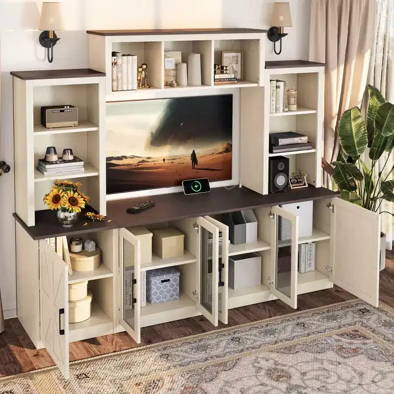 Mobile TV moderno per TV da 55 pollici con stazione di ricarica, console multimediale con ampi armadietti, centro di intrattenimento per soggiorno-Panipeachy