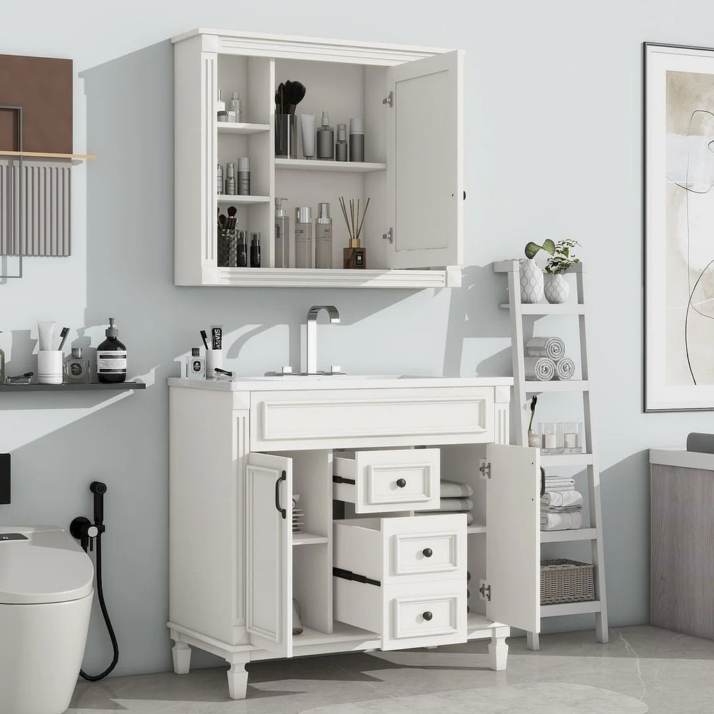 Mobile Bagno Moderno da 90cm con Lavabo Integrato e Specchiera, 2 Ante e 2 Cassetti